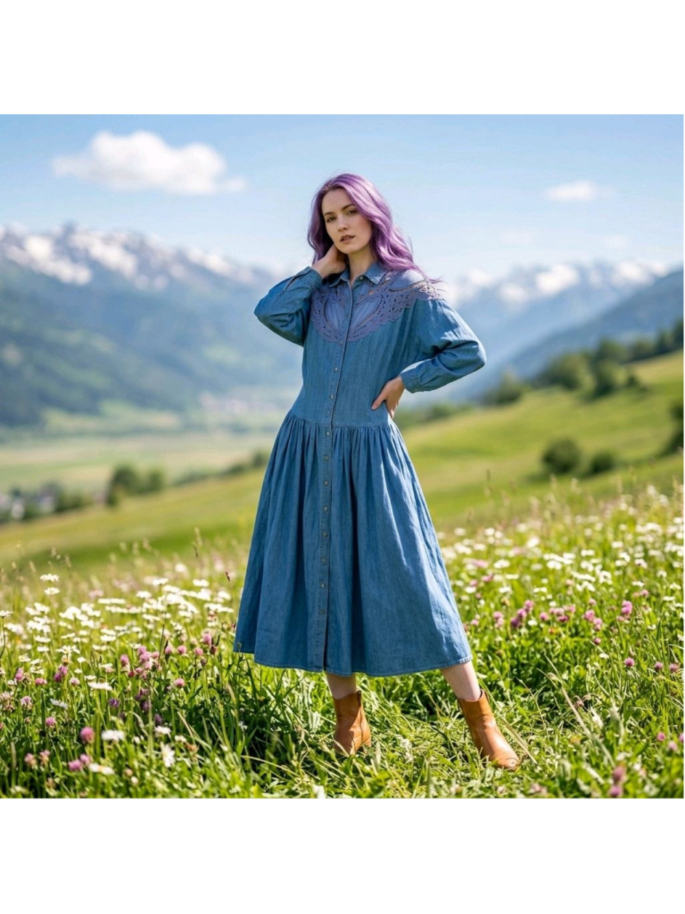 Rare Oversized Vintage 80s Together! Denim Western Long Sleeve Dress Lace Trim L